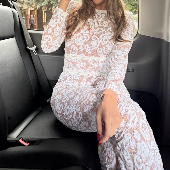 NADINE MERABI Pants - NADINE MERABI White Lace Sheer Jumpsuit